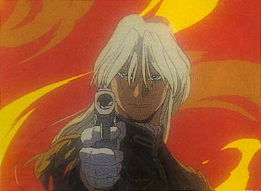 OZ Zechs, pointing a gun, w/flaming background